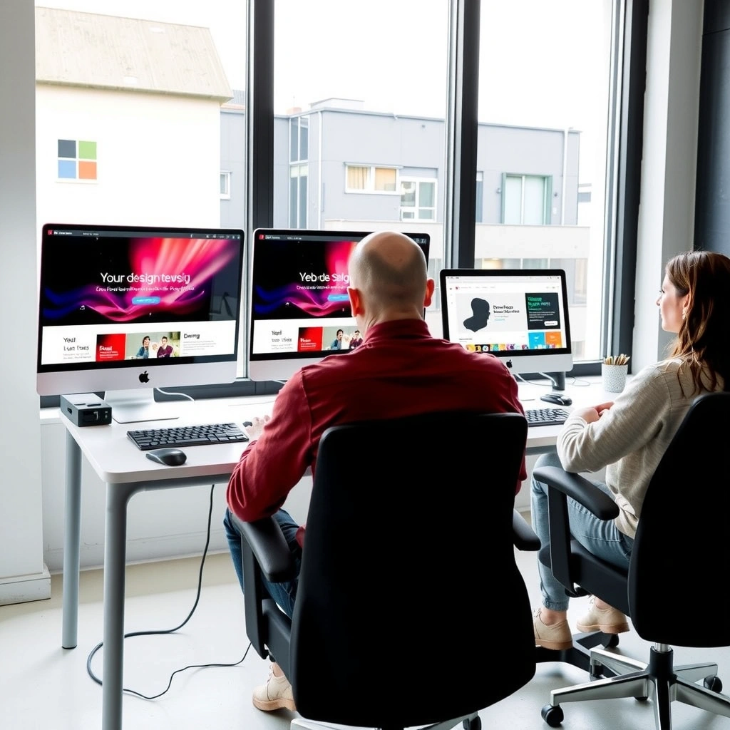 Professional web design workspace with multiple monitors